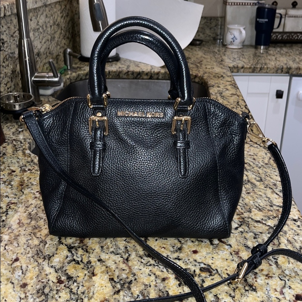 Michael Kors Black Pebbled Leather Satchel with Gold Hardware